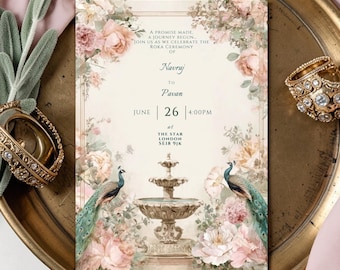 Roka-Zeremonie Einladungsvorlage, Floral Peacock Chunni einladen, bearbeitbare indische Verlobungseinladung, digitaler Download