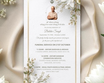 May include: A memorial card with a photo of a man, floral accents, and text in English and another language. The card is white with a gold border and includes details for a funeral service.