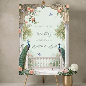 Personalised luxury peacock wedding welcome sign with floral arch and elegant script, printed on foamex board