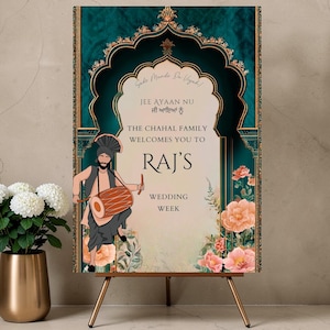 Punjabi Wedding Week Welcome Sign Printable | Dhol Player Teal Gold Arch Gurmukhi | Editable Canva | Digital Download