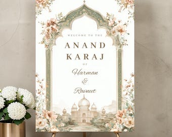 Letrero de bienvenida para Anand Karaj imprimible / Arco dorado Gurudwara floral / Letrero para boda sij / Canva editable / Descarga digital
