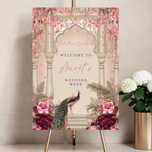 Punjabi Wedding Week Sign | Sadi Kuri Da Viyah Print | Pink Peacock Mughal Arch Board | Personalised | A1 A2 Foamex Welcome Sign