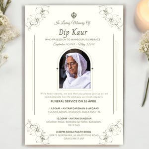 Sikh Funeral Invitation Digital Template | Antam Sanskar Ardaas | Photo Memorial Card | Editable Canva | WhatsApp | Waheguru Embrace A5