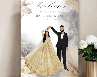May include: A rectangular wedding welcome sign featuring the text Welcome to our reception Harpreet & Raj 11 | 06 | 2027. The illustration depicts a couple dancing, with one figure in a gold gown and the other in a black tuxedo.