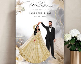 Indian Wedding Reception Welcome Sign Printable | Dancing Couple Gold Lehenga Pampas Grey | Editable Canva | Digital Download