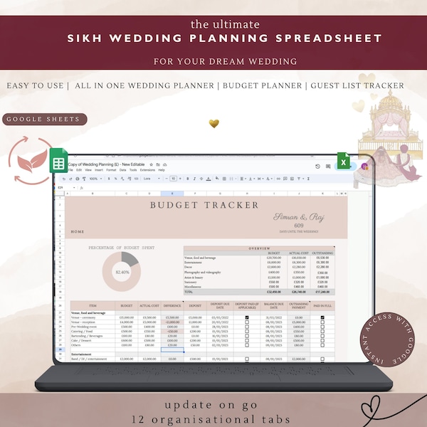 Planificateur numérique de mariage sikh - Édition Google Sheets | Cadeau pour nouveau Couple | Planificateur de mariage économique