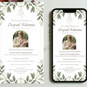 May include: A funeral announcement with the text "In Loving Memory of Deepak Khanna" and a photo of a man. The announcement is surrounded by a floral design and includes details of the funeral arrangements.
