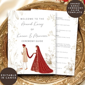 May include: An Anand Karaj Ceremony Guide template. The guide features a couple in traditional attire, with floral and botanical illustrations. The text includes "Welcome to the Anand Karaj of Karan & Manveer Ceremony Guide". The guide is on a decorative gold tray.