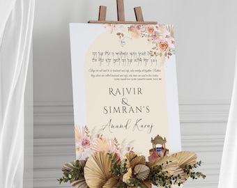 May include: A wedding announcement sign with a floral design and the text "Rajvir & Simran's Anand Karaj".