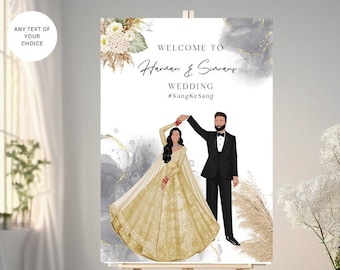 Indian Wedding Welcome Sign with Couple Illustration | Indian Wedding Signs | Digital