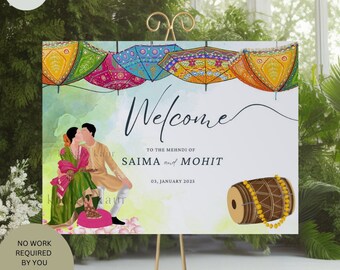 Panneau de bienvenue de mariage indien avec illustration de couple | Panneaux de mariage Mehndi ou Sangeet | Numérique
