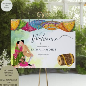 Indian Wedding Welcome Sign with Couple Illustration | Mehndi or Sangeet Wedding Signs | Digital
