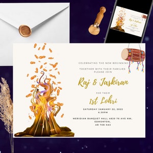 May include: A gold and white invitation card with a bonfire illustration and the text "Celebrating the new beginning together with their families, please join Raj & Jaskiran for their 1st Lohri, Saturday January 22, 2022, 6:30 PM, Meridian Banquet Hall 4820 76 Ave NW, Edmonton, AB T6B 0A5".
