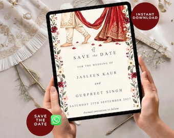 Sikh Wedding Save The Date Digital | Anand Karaj Couple Floral | Ek Onkar | Editable Canva Template | WhatsApp Instant Download | A5