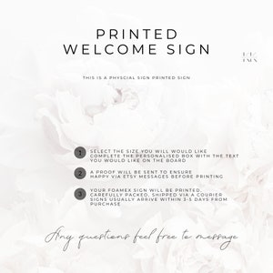Puede incluir: Un letrero de bienvenida impreso en blanco con el texto "PRINTED WELCOME SIGN". El letrero incluye instrucciones para realizar el pedido, como seleccionar un tama&ntilde;o y aprobar una prueba. El letrero est&aacute; impreso en cart&oacute;n pluma.