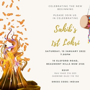 May include: A festive invitation for a 1st Lohri celebration. The invitation features a bonfire with sparks flying upwards, a traditional Indian drum hanging from a string, and the text "Sahib's 1st Lohri" in gold lettering. The event is scheduled for Saturday, January 15, 2022, at 7:00 PM. The address is 10 Elsford Road, Beaumont Hills NSW 2155. RSVP information is provided, along with a dress code of "Indian".