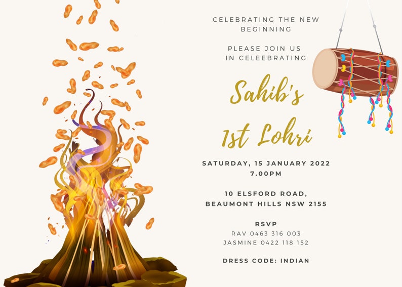 May include: A festive invitation for a 1st Lohri celebration. The invitation features a bonfire with sparks flying upwards, a traditional Indian drum hanging from a string, and the text "Sahib's 1st Lohri" in gold lettering. The event is scheduled for Saturday, January 15, 2022, at 7:00 PM. The address is 10 Elsford Road, Beaumont Hills NSW 2155. RSVP information is provided, along with a dress code of "Indian".