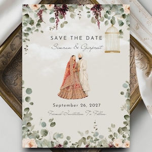 Save the Date Announcement - Punjabi Sikh Indian Couple, Anand Karaj Illustation - Digital File can be sent via Whatsapp, E-Invite