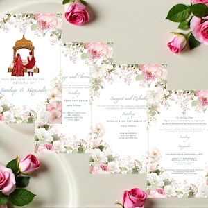 Może przedstawiać: Zestaw zaproszeń ślubnych z motywami kwiatowymi. Zaproszenia zdobione są różowymi i białymi kwiatami, z tekstem „You are invited to the wedding of Sandeep & Harjinder”.