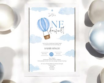Invitación de primer cumpleaños sij ONEderful / Sukhmani Sahib Paath / Globo aerostático azul / Niño / Plantilla editable de Canva / WhatsApp digital