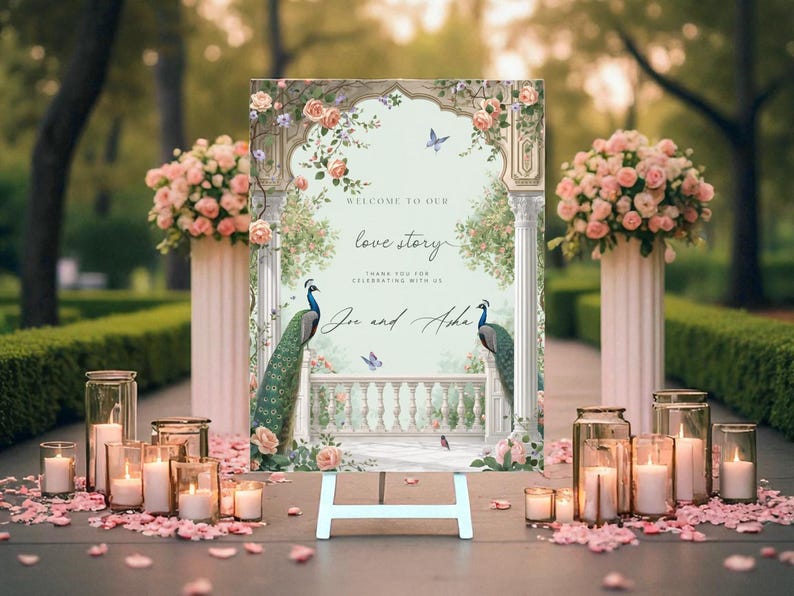 Puede incluir: Un letrero de bienvenida de boda con un dise&ntilde;o floral y de pavo real. El letrero dice "Bienvenido a nuestra historia de amor" e incluye los nombres "Joe y Asha". El letrero se muestra en un caballete blanco, rodeado de velas y p&eacute;talos de rosa.
