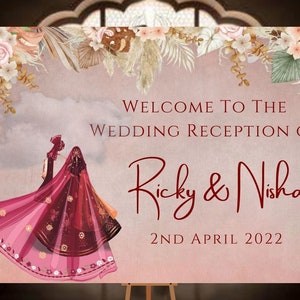 Wedding Welcome Sign - Indian Bride Groom Couple Illustration - Sikh Punjabi Gujrati Hindu Muslim Wedding Sign