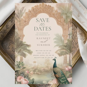 May include: A wedding invitation with a peacock illustration and the text "SAVE THE DATES". The design features an archway, palm trees, and floral elements in soft, muted tones. The names Ravneet and Sukhbir are featured.