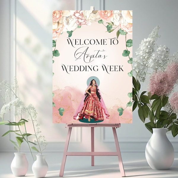 Indian Wedding Welcome Sign| Chunni Welcome Sign | Mehndi Welcome Signs | Floral and Minimalist | Personalised | Digital