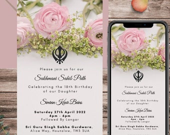 Indian Sikh Sukhmani Sahib Part Invitation - Birthday - Invite Modern - Floral - Digital File Can sent via WhatsApp - E-Invitation