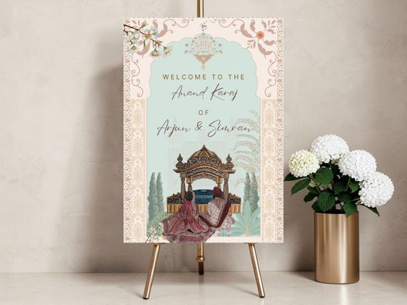 Personalised Anand Karaj Welcome Sign | Printed & Posted | A1 or A2 | Sikh Wedding Décor | Mughal Arch | Sage Green Gold | Custom Names