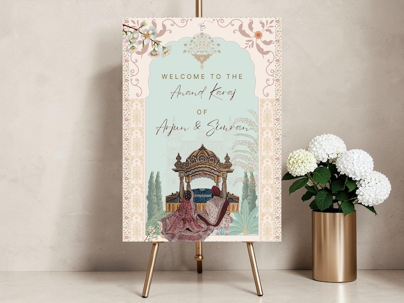 Image 1 — main: Personalised Anand Karaj welcome sign printed on 3mm foamex board, featuring Sikh bride and groom at golden mandap, sage green and gold, displayed on easel