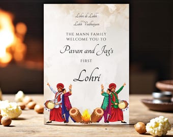 May include: A rectangular sign with text and illustrations. The text reads "Lohri di Lakh, Lakh Vadhaiyan, THE MANN FAMILY WELCOME YOU TO Pavan and Jag's FIRST Lohri." Below the text are illustrations of people in traditional clothing.