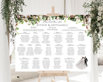 May include: A white wedding seating chart with a floral border. The chart lists the names of guests assigned to different tables with names like "VIP Table", "Hot Air Balloon", "Ice Skating", "Christmas Market", and "Knot Gardens". The chart also includes the date "01.10.24" and the hashtag "#RAINOFLOVE".