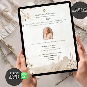 May include: A digital invitation for a First Barsi event, held on March 23rd. The design features floral accents, a photo, and event details. The words "First Barsi Invite" and "Instant Download" are also visible.