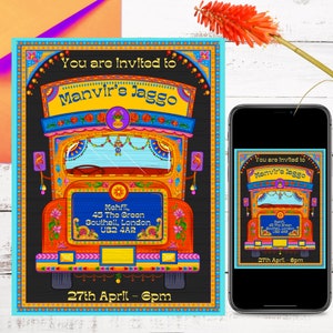 Retro Indian Wedding Invitation - Truck Art - Jagoo Sangeet Night or Dolki - Digital Invitation