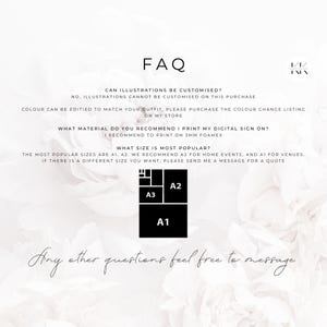 May include: A white background with the text "FAQ" in black. The text answers questions about customization, materials, and sizes. The image includes size examples: A1, A2, and A3. The text "Any other questions feel free to message" is at the bottom.