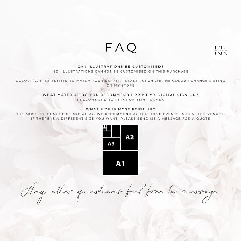 May include: A white background with the text "FAQ" in black. The text answers questions about customization, materials, and sizes. The image includes size examples: A1, A2, and A3. The text "Any other questions feel free to message" is at the bottom.