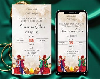 Lohri Digital Invitation - First Lohri, Birth of Girl, Newley Wed Couple Celebration | Instant Download Lohri Card | Self Edit in Canva