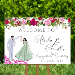 Indian Engagement Wedding Welcome Sign - Indian Bride Groom Couple Illustration - Sikh Punjabi Gujrati Hindu Muslim Wedding Sign, Digital