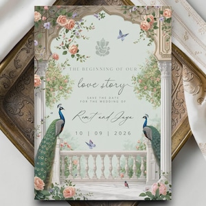 May include: An ornate wedding invitation featuring a peacock design. The invitation includes the text "The Beginning of Our Love Story" and "Save the Date for the Wedding of Romit and Jaya 10 | 09 | 2026". The design incorporates floral and architectural elements.
