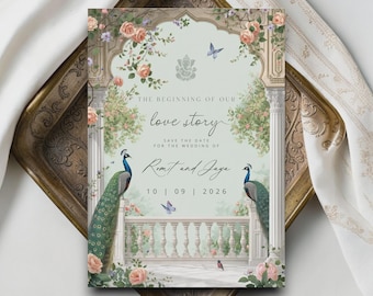 Plantilla de invitación para boda india, invitación de boda con pavo real, invitación editable en Canva, invitación para boda hindú, invitación botánica de lujo