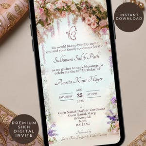 Uitnodiging deel Sukhmani Sahib | Digitaal | Luxe paduitnodiging | Sikh | 16e, 18e verjaardag of 21e verjaardag | Sjabloon direct downloaden