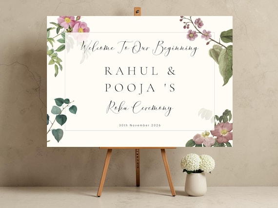 Personalised Roka Ceremony Sign | Printed Foamex Board A1 A2 | Botanical Floral | Indian Engagement Décor | Custom Names & Date | UK Seller