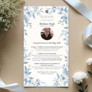 May include: A memorial service announcement with a photo of a man, surrounded by blue floral designs. The text reads "In Loving Memory of Harbans Singh" and details the funeral service schedule.