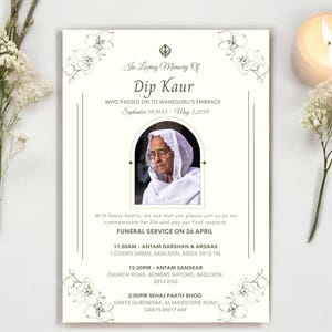 Invitación para funeral en punjabi sij, digital, para enviar por WhatsApp, descarga instantánea, edición propia en Canva