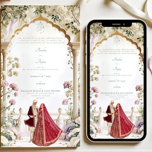 以下が含まれることがあります： 結婚式の招待状と携帯電話のモックアップ。デザインには、花の要素、カップルのイラスト、装飾的なアーチ内のテキストが含まれています。招待状はAnishaとArjun用です。