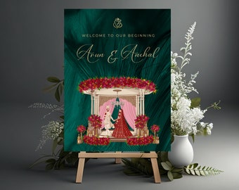 Indian Wedding Welcome Sign with Couple Illustration | Hindu Wedding Signs | Digital
