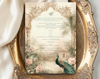 May include: An ornate invitation card with a peacock illustration, set on a decorative gold tray. The card features floral and architectural elements, with text in a formal script. The color palette includes soft greens, pinks, and golds.