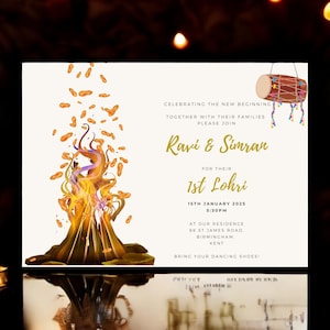 May include: An invitation to a Lohri celebration for Ravi & Simran. The invitation features a bonfire with flames and a traditional Indian drum. The event is scheduled for January 15th, 2025 at 5:30 PM at their residence in Birmingham, Kent. The invitation requests guests to bring their dancing shoes.