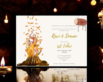 Faire-part indien Lohri - invitation moderne - fichier numérique envoyé par WhatsApp - invitation électronique - naissance d&#39;une fille auto-édition sur Canva, téléchargement immédiat